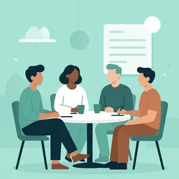vector illustration of people having a conversation in the style of tom whalen, sea green color theme