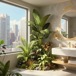 corner view angle, blade runner 2 0 4 9, bathroom with vegetations, by wlop by simon besombes, kacper niepokolczycki, jhonseru jsezz and greg rutkowski and studio ghibli and makoto shinkai, with some gold details, global illumination, with a window overlooking a metropolis, architectural, volumetric lighting, granular detail, micro details, blender, vray