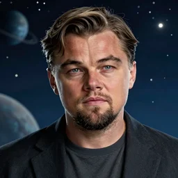 centered detailed portrait of leonardo dicaprio in don't look up, futuristic, details, intricate, octane render, redshift, smooth, illustration, fairy lighting, stars and planets in the background, hyperrealistic, by dmitry prozorov, loish, and wlop, trending on artstation, hyperdetailed, hyperrealism