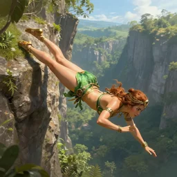 tia carrere in jungle queen outfit, diving down a cliff, highly detailed, d & d, fantasy, highly detailed, digital painting, trending on artstation, concept art, sharp focus, illustration, global illumination, ray tracing, realistic shaded, art by artgerm and greg rutkowski and fuji choko and viktoria gavrilenko and hoang lap, sunny