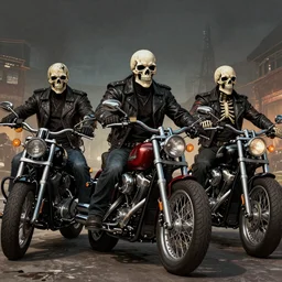 outlaw bikers with skull faces and skeletal bodies but still wearing outlaw biker regalia bikes are extremely detailed and realistic, comic book cover art, digital art, art station