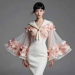 intricate savoir - faire design curvy fit couture details sailor collar in shell white peach pink petal dior modern avant garde attire airy double volume fluttery hardware fresh aesthetic, designer hairstyle hair piece, dynamic proportions posing, stylized figure, high detail photography, sharp focus, expert composition smooth