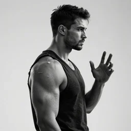 a single muscular man wearing torn clothes, looking to the right, profile picture, hyperrealistic, concept art, octane render, unreal engine 5, trending on artstation, high quality, highly detailed, 8 k, dramatic lighting, cinematic, high coherence, anatomically correct, five fingers, digital art, seductive, black and white
