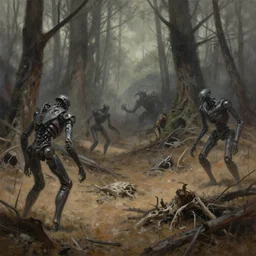painting of a dead and destroyed forest desert battleground with evil androids lurking around, dystopian, sorrow, fine details, magali villeneuve, artgerm, rutkowski