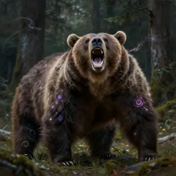 fantasy painting of close charging bear, roaring, open mouth, teeth, magical marks and glowing magical wisps, dark forest in background, painted by greg rutkowski and andreas rocha