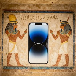 a wall painting depicting the launch of a new apple iphone, ancient egypt, circa 1 0 0 0 bc