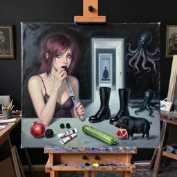 realistic painting of an easel in a messy artist's studio with black walls, emo artist eating blackberries, knife, paint tubes, a liminal doorway to the future, high black boots, pomegranate, a black pig, courgette, black octopus, sensual, surrealist, acrylic and oilstick on canvas