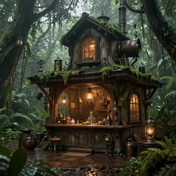 steampunk a magic workshop, in the rainforest, intricate detail, hyper detailed, ultra realistic, sharp focus, smooth, octane render, lantern, volumetric, ray tracing, artstation trending, cgsociety, sense of awe, mystical, by wolp and artgerm, midsommar 4 k
