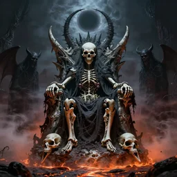 death metal god sitting on a throne of bones, black hole halo, demon ghosts around, lava mist, surreal, haunted, intricate, in the photographic style of don mccullin
