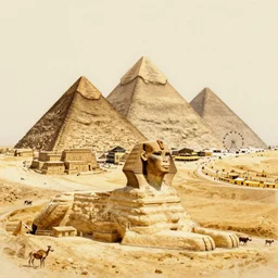 a theme park located in old egypt, pyramids and the sphynx are visible. in the background, ferris wheel, lights, carnival, pencil sketch