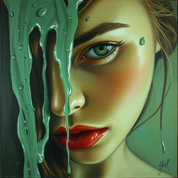 portrait of a beautiful girl, liquid water dripping over face, brush strokes all over, intimate, pastel shades of green, beautiful face, rule of thirds, spotlight, expressive, passionate, by greg rutkowski, by jeremy mann, by francoise nielly, by vincent van gogh, oil painting