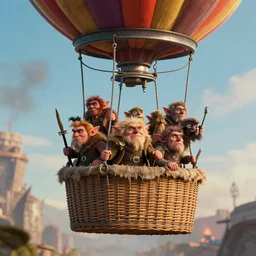 A Beautiful digital artwork of the A bunch of goblins in the basket of a travel balloon, war and battle, in style by Dan Mumford, Cyril Rolando and M.W Kaluta, 8k resolution, Ultrafine details, Rendered in Unreal Engine 5, Cinematic Composition, Reimagined by industrial light and magic, smooth,4k, beautiful lighting, HDR, IMAX, Cinema 4D, shadow depth