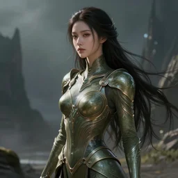beautiful young womanalien in ethereal armor, in olive skin, in long dark hair, intricate, elegant, digital painting, concept art, smooth, sharp focus, illustration, by valerian and the city of a thousand planets, y ruan jia and mandy jurgens and artgerm and william - adolphe bouguerea