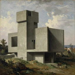 classical landscape paintings of brutalist concrete structures, masterpiece, by eugene von guerard