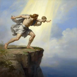 an amazing realistic painting of cain pushing abel from the edge of a cliff with a divine light in the sky, majestic mountains in the background, very detailed, painting by william - adolphe bouguereau, beautiful art, smooth, elegant, intricate, vibrant, colorful