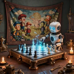 a beautiful tapestry, a small robot playing a futuristic holographic chessgame, ultra detailed, dystopian lighting, steampunk, moody, candles, isometric view, characters from machinarium, by don bluth, trending on artstation, octane render, 8 k, ultra realistic