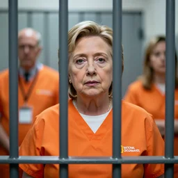 photo, national geographic, hillary clinton depicted behind bars in prison, dressed in orange inmate attire, award winning, 5 0 mm, blurred background,