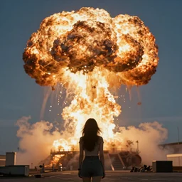 beautiful woman looking at giant nuclear explosion, trending on artstation, epic, cinematic