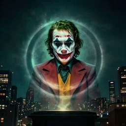 the joker's symbol casted by a light in the city's night sky