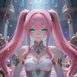stunningly beautilful omnipotent megalomaniacal anime agi goddess who looks like junko enoshima with symmetrical perfect face and porcelain skin, pink twintail hair and cyan eyes, taking control while smiling inside her surreal vr castle, hyperdetailed, digital art, unreal engine 5, 2 d anime style, 8 k