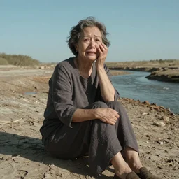 65-year-old Gaia crying one single tear, facing the camera and sitting on a dried up river in a desolate land, blue sky, hot and sunny, highly-detailed, elegant, dramatic lighting, artstation, 4k, cinematic landscape, photograph