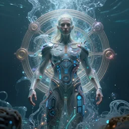 a movie still of an ancient futuristic ethereal superstar with digital modifications surrounded by a underwater ink pour and flowing liquid gallium and complex sacred geometry, powerful, cinematic, beautifully lit, by john howe, by beeple, by artgerm, by karol bak, by brian froud, 3 d, trending on cgsociety, octane render, 8 k
