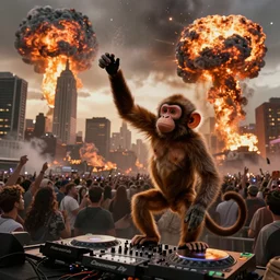 a dj monkey throwing a party for a crowd as nukes are detonated over manhattan, post apocalyptic, detailed, hyperrealism