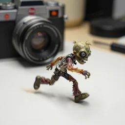 kodak portra 4 0 0, 5 0 mm leica summicron f 1. 2, action photography, long shot, dirty lenses, award winning macro photo of a small dirty zombie running fast on a desk, fast shutter speed, motion blur, tiny gaussian blur, highly detailed, highly intricate, depth of field, national geographic