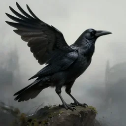 crow. majestic, mythical. gloomy atmospheric lighting. foggy background. concept art by wayne barlowe.