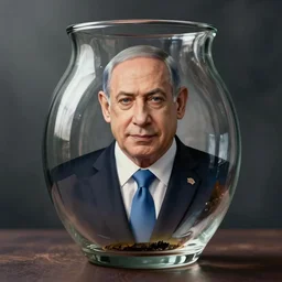 a distorted view of benjamin netanyahu through a glass vase, rene magritte and francis bacon