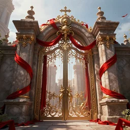 the gate to the eternal kingdom of red ribbons, fantasy, digital art, hd, detailed.