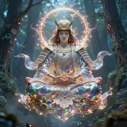 magical samurai floating meditating in enchanted forest, digital art, surreal, beautiful, detailed, highly detailed, intricate, powerful warrior, glowing, prismatic, pearlescent, portrait, detailed, realism, classical, trending on artstation, 8k, ultra realistic, highly detailed