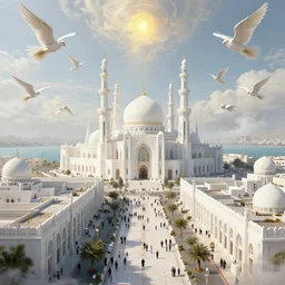 wide shot of heaven, holy, people, oman, gothic, bulldings, streets, lakes, white, perfect 4 k, smokey, ole thomas style, giovanni paolo panini style epic, volumetric, symmetrical, extremely detailed, environment, insanely detailed, style of charlie bowater, kelly mckernan, unreal engine render, flying angels, concept art