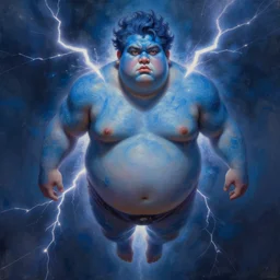 painting by krenz cushart!!, portrait of a fat guy with blue skin, floating in the lightening, finely detailed features, intricate brush strokes, beautiful lighting, trending on pixiv fanbox.