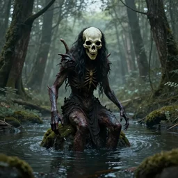 artem demura, forest, skull, horror, ancient, river, creature, hd wallpaper