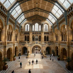 Matte painting of the interior view of giant natural history museum. Solarpunk. Fantastical, detailed digital art trending in artstation