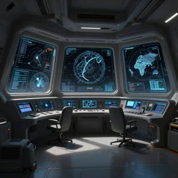 scifi art by Greg Rutkowski, the ship's command bridge, full of screens and holographic maps with a large window looking into space, functional and elegant look, but minimalist, and a bit dark and lonely, claustrophobic and futuristic environment, detailed and intricate environment, high technology, digital painting, artstation, concept art, smooth, sharp foccus ilustration, Artstation HQ.