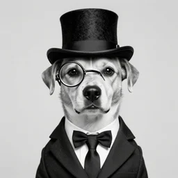 portrait of a dog wearing a suit and a top hat and a monocle on one eye, digital art, duotone