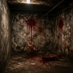 a dark basement with blood stains