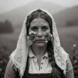 portrait photography tyrolean female farmer, leaves and edelweiss growing from face, hay cloths, desaturated, fog, 1. 2 f, 3 5 mm, dark, eerie, 1 9 2 0 s ghost photography