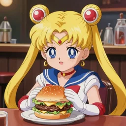 sailor chibi mooneats a hamburger at the table, background bar, anime art, unreal render, hyper detailed drawing, intricate, anime key visual, manga, digital painting, artstation, hard focus, symmetry, illustration, landscape