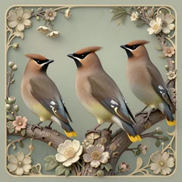 3 d rendering of ethereal bohemian waxwing bird, bombycilla garrulus, intricate details, ornate, detailed, johanna rupprecht, william morris, trending on artstation, a bird sitting on top of a tree filled with flowers, by marco mazzoni, featured on cgsociety, rococo, whimsical, artstation