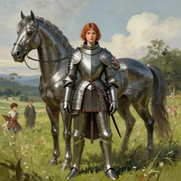 portrait of girl medieval armor and one metal horse landscape of meadow poses by gaston bussiere, anna nikonova aka newmilky, greg rutkowski, yoji shinkawa, yoshitaka amano,, donato giancola, geoffroy thoorens, concept art, trending on artstation, featured on pixiv, cinematic composition, 8 k