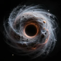 realistic photo of one black hole in space, abstract symbolism, volumetric, particles, physical, translucence, cinematic lighting, iridescence