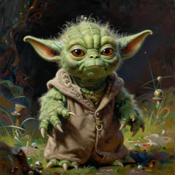 realistic detailed beautiful painting of Yoda on a bad drug trip by Greg Hildebrandt, Art Nouveau, rich deep vibrant colors