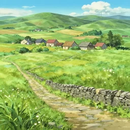 an anime movie background matte painting of a meadow in the countryside, rolling hills, cottages, farmland, flagstone road, old stone wall, by Makoto Shinkai, trending on Artstation, highly detailed