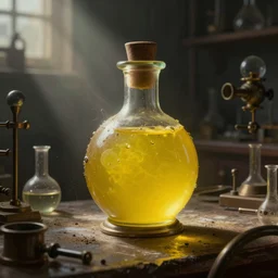 a steampunk painting of a vintage bright yellow poison potion bottle, lit by a single ray of sunlight in a dark dusty vintage science lab, by h. r. giger, hyperrealistic fantasy art, concept matte, ethereal, dreamy, digital art, trending on artstation, volumetric cinematic lighting