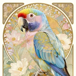 hyperrealistic detailed portrait of a multicolored parrot, with flowers, soft pastel colors, art by ernst haeckel, john william godward, alphons mucha, pontormo, ornamental, decorative, art nouveau pattern