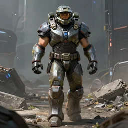 a big muscular body builder warrior in armor walking across a cyberpunk wasteland without a helmet, mjolnir mk 6 armor from halo infinite, attractive female face, enhance face, symmetrical face details, ultra realistic, very highly detailed, 8K, octane, Digital painting, concept art, illustration, rule of thirds, sharp focus, facing camera, centered, good value control, realistic shading