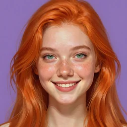portrait of a beautiful smiling girl with orange hair and freckles, green eyes, highly detailed, digital painting, style by Lera Kiryakova artstation, concept art, smooth, sharp, focus, illustration. background is purple